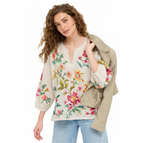 Johnny Was Split Neck Linen Blouse Floral Embroidery Ecru Miraze Top Shirt NEW