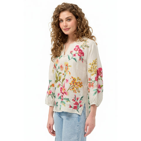 Johnny Was Split Neck Linen Blouse Floral Embroidery Ecru Miraze Top Shirt NEW