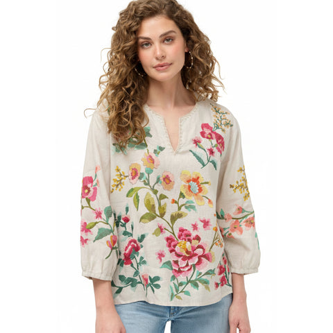 Johnny Was Split Neck Linen Blouse Floral Embroidery Ecru Miraze Top Shirt NEW