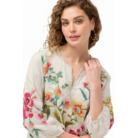 Johnny Was Split Neck Linen Blouse Floral Embroidery Ecru Miraze Top Shirt NEW