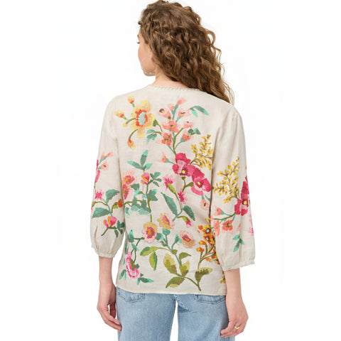 Johnny Was Split Neck Linen Blouse Floral Embroidery Ecru Miraze Top Shirt NEW