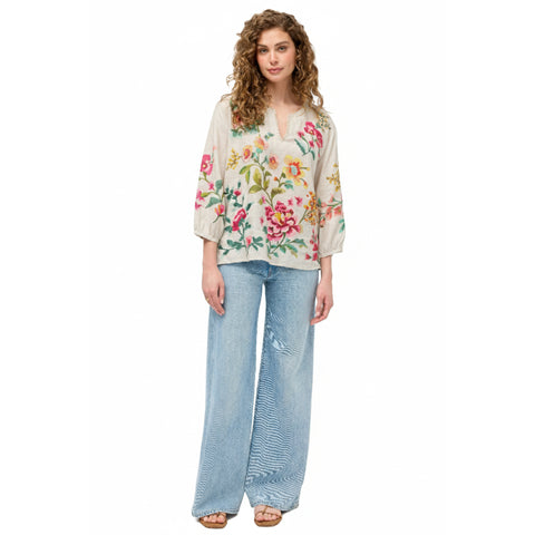 Johnny Was Split Neck Linen Blouse Floral Embroidery Ecru Miraze Top Shirt NEW