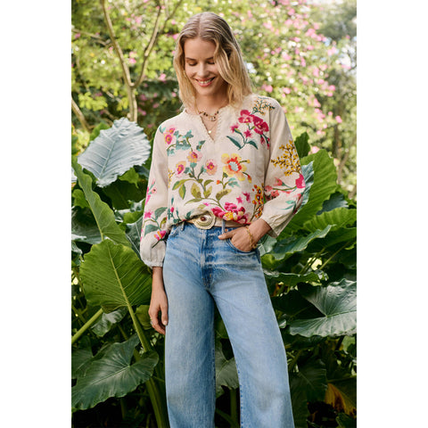 Johnny Was Split Neck Linen Blouse Floral Embroidery Ecru Miraze Top Shirt NEW