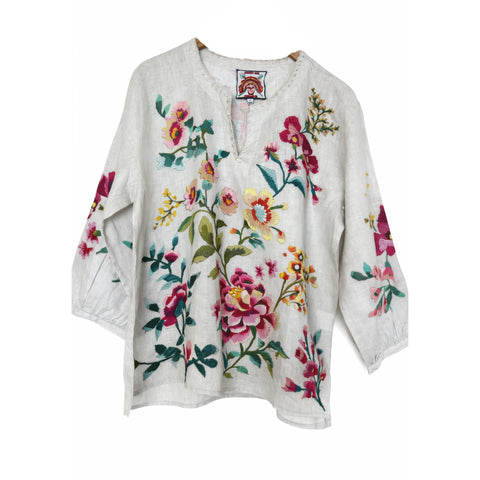 Johnny Was Split Neck Linen Blouse Floral Embroidery Ecru Miraze Top Shirt NEW