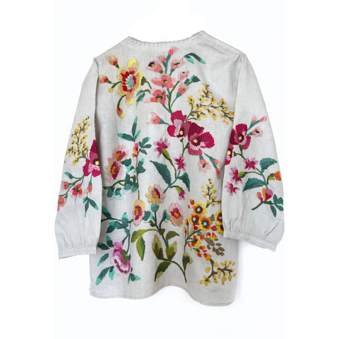 Johnny Was Split Neck Linen Blouse Floral Embroidery Ecru Miraze Top Shirt NEW