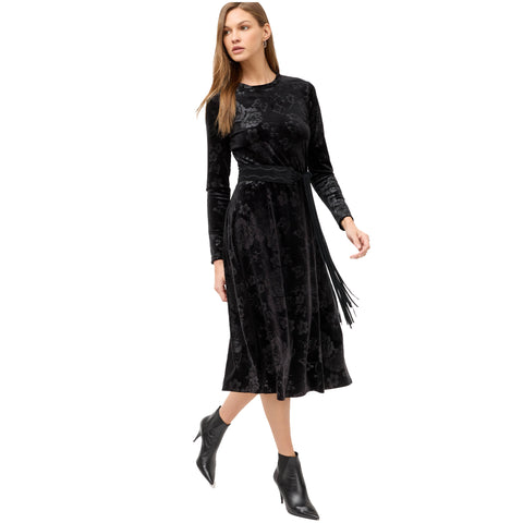 Johnny Was Embossed Stretch Black Velvet Dress Floral Long Butterfly Flowers NEW