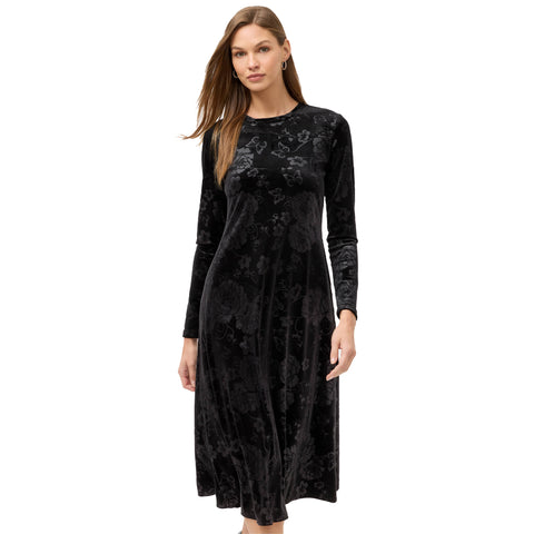 Johnny Was Embossed Stretch Black Velvet Dress Floral Long Butterfly Flowers NEW