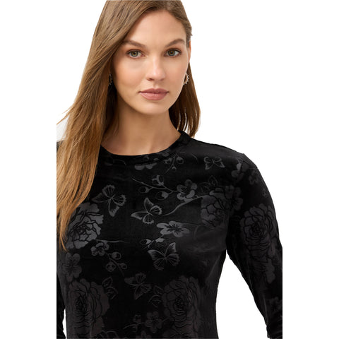 Johnny Was Embossed Stretch Black Velvet Dress Floral Long Butterfly Flowers NEW