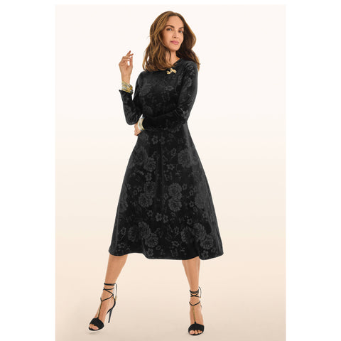 Johnny Was Embossed Stretch Black Velvet Dress Floral Long Butterfly Flowers NEW