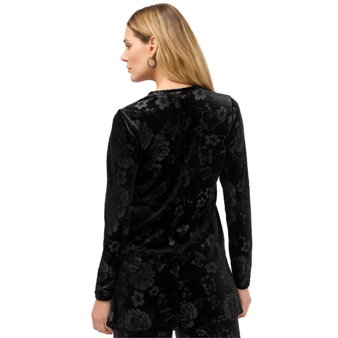 Johnny Was Embossed Stretch Velvet Black Tunic Flowers Long Shirt Floral Top NEW