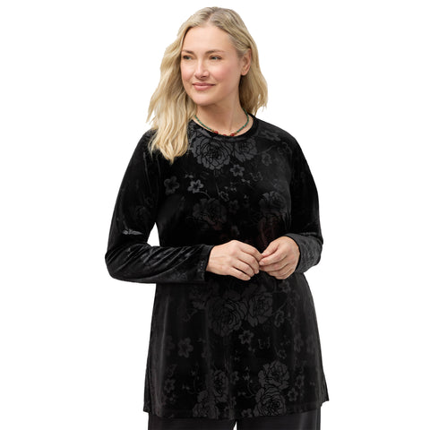 Johnny Was Embossed Stretch Velvet Black Tunic Flowers Long Shirt Floral Top NEW
