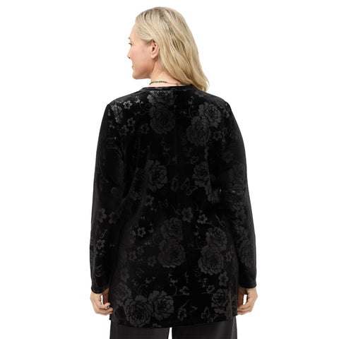 Johnny Was Embossed Stretch Velvet Black Tunic Flowers Long Shirt Floral Top NEW
