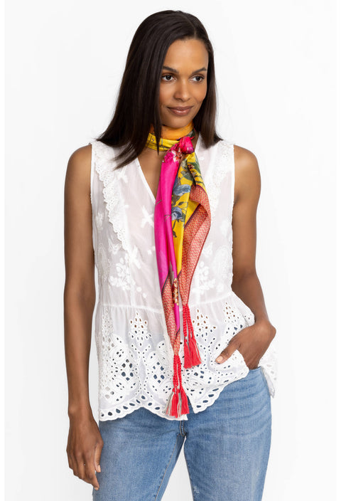 Johnny Was Emboy Scarf Flowers Silk Square Large Floral Pink Yellow Tassels Scarves New