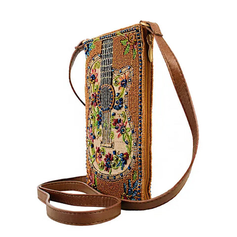 Mary Frances Garden Groove Ivory Guitar Flowers Handbag Beaded Zip Bag Purse NEW