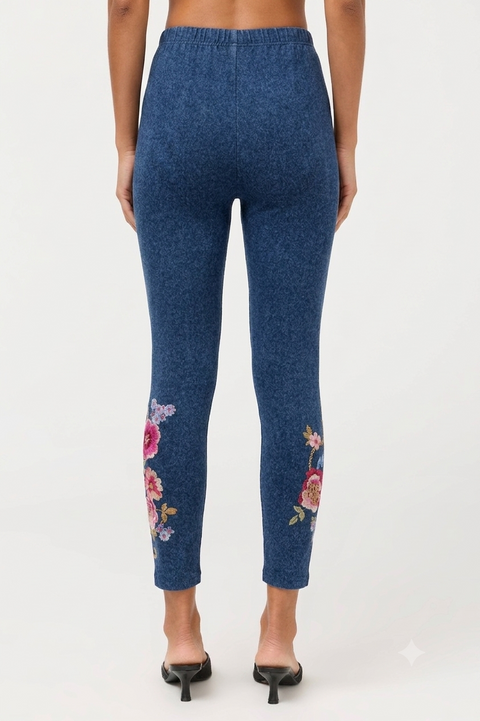 Johnny Was Aerus Legging Elowen Denim Blue Floral Embroidered Leggings Pants NEW