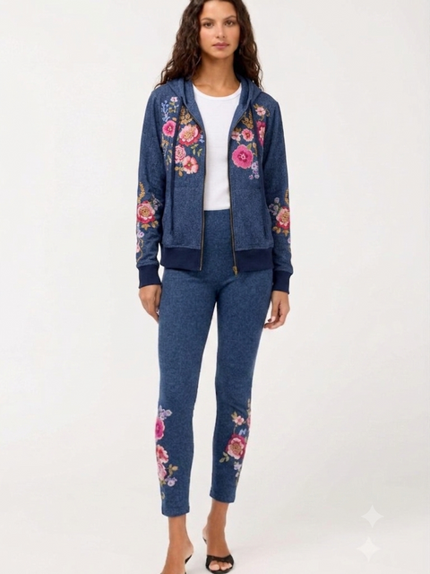 Johnny Was Aerus Legging Elowen Denim Blue Floral Embroidered Leggings Pants NEW