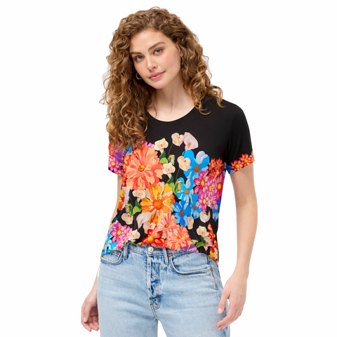 Johnny Was Janie Favorite Gerbera Short Crew Neck Tee Floral Shirt Black Top NEW