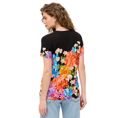 Johnny Was Janie Favorite Gerbera Short Crew Neck Tee Floral Shirt Black Top NEW