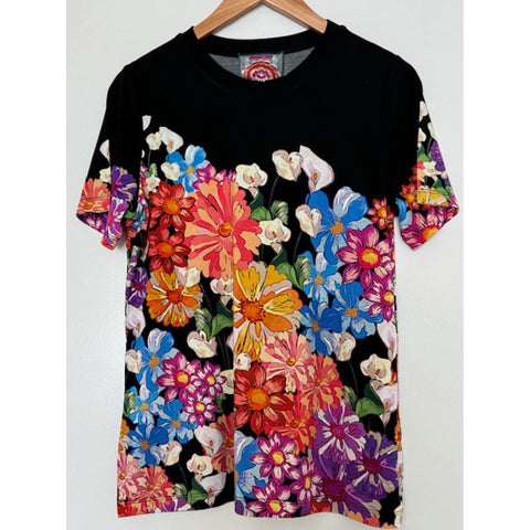Johnny Was Janie Favorite Gerbera Short Crew Neck Tee Floral Shirt Black Top NEW