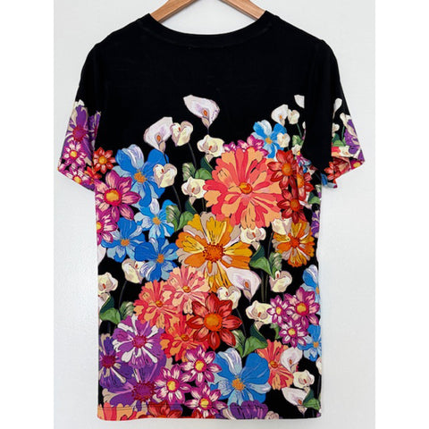 Johnny Was Janie Favorite Gerbera Short Crew Neck Tee Floral Shirt Black Top NEW