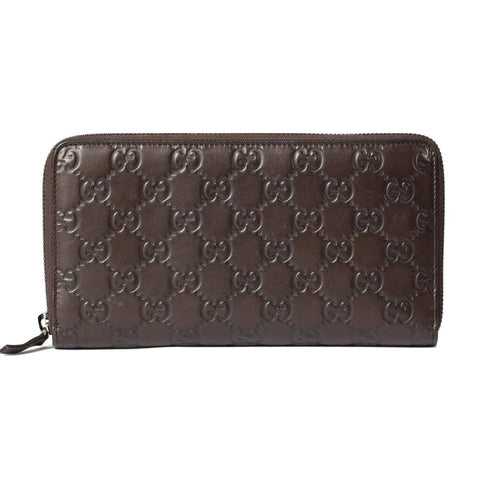 Gucci Italy Signature Continental Wallet Brown Chocolate Zip Leather Purse NEW