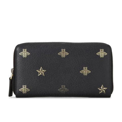 Gucci Bee Star Design Black Leather Long Wallet Women Zip Around Gold Italy NEW