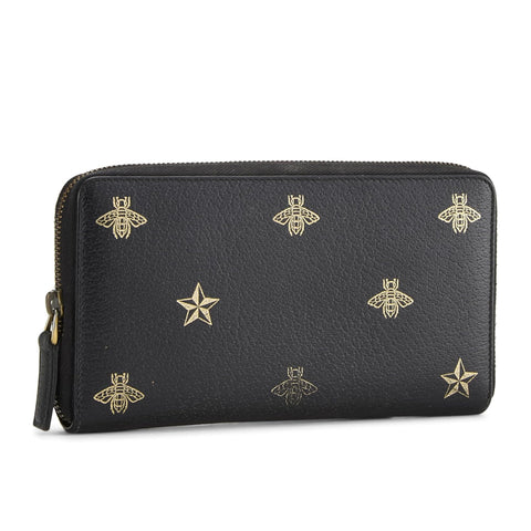 Gucci Bee Star Design Black Leather Long Wallet Women Zip Around Gold Italy NEW