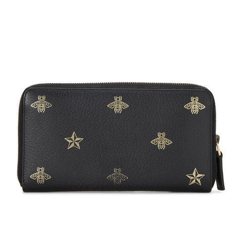 Gucci Bee Star Design Black Leather Long Wallet Women Zip Around Gold Italy NEW