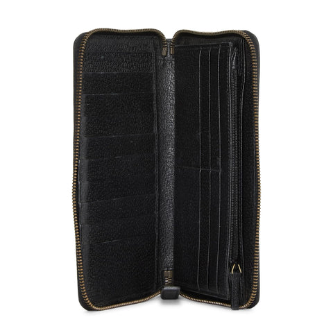 Gucci Bee Star Design Black Leather Long Wallet Women Zip Around Gold Italy NEW