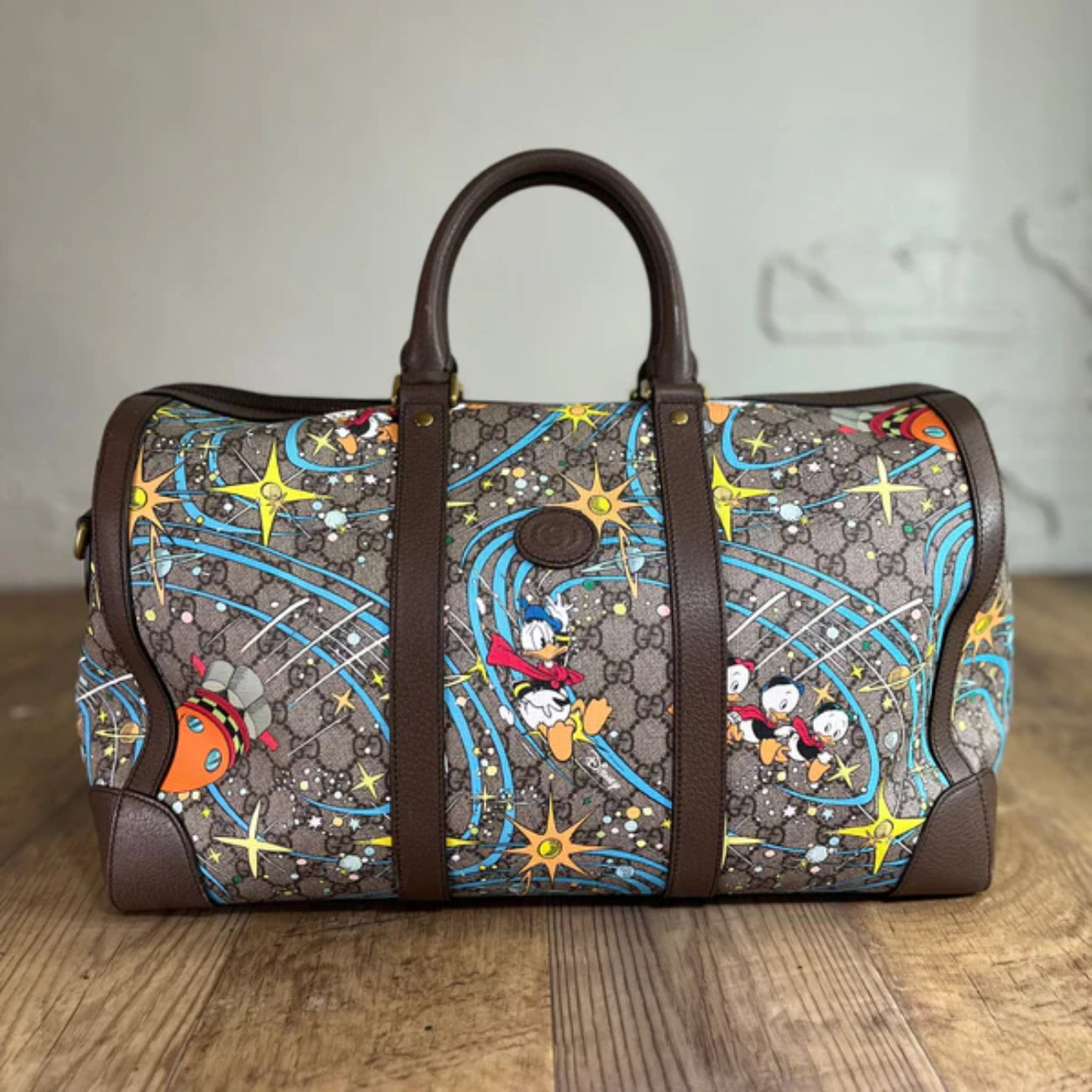 Gucci Donald Duck Duffle Boston Bag Beige Ebony Brown Grey