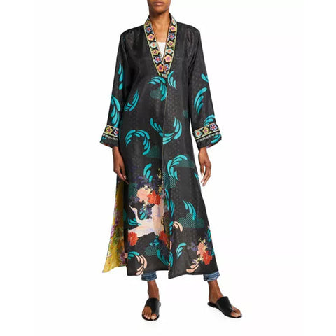 Johnny Was Heron Long Reversible Kimono Silk Bird Embroidery Black Yellow NEW