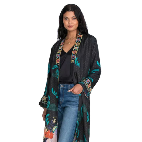 Johnny Was Heron Long Reversible Kimono Silk Bird Embroidery Black Yellow NEW
