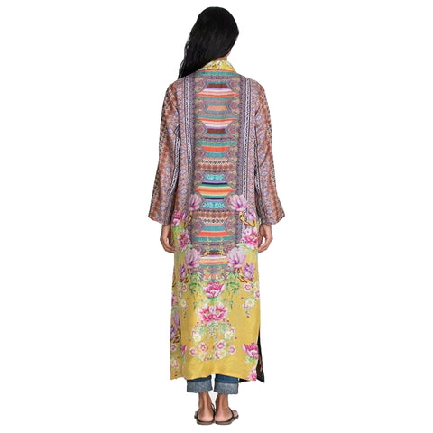 Johnny Was Heron Long Reversible Kimono Silk Bird Embroidery Black Yellow NEW