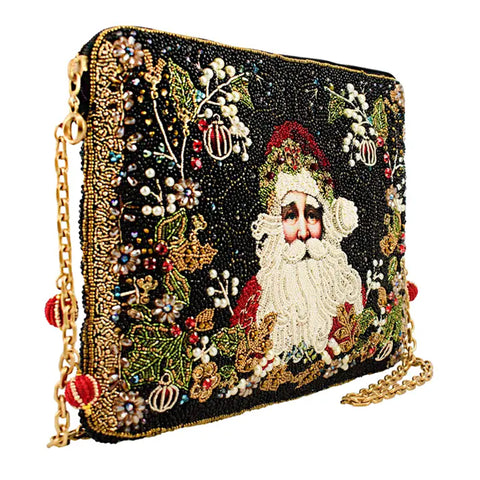 Mary Frances Holiday Magic Santa Beaded Zip Christmas Handbag Bag Black Purse NEW