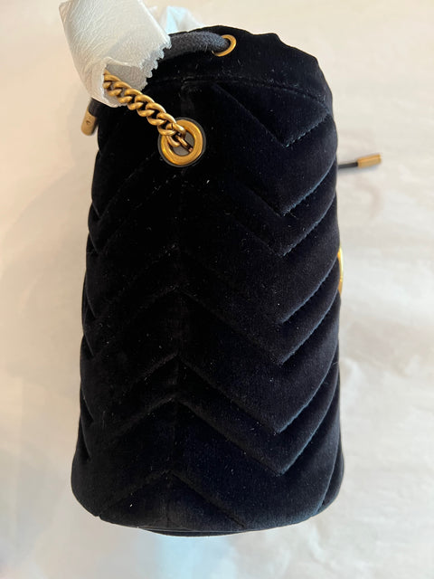 Gucci GG Marmont Mini Bucket Velvet Bag Black Gold Drawstring Italy Handbag New