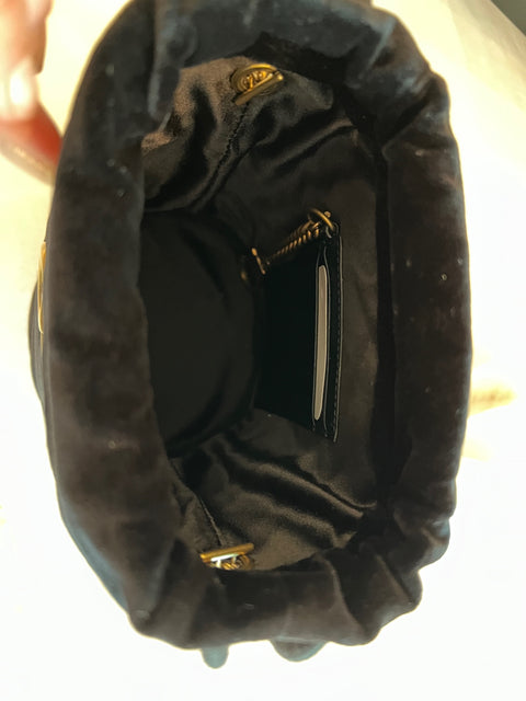 Gucci GG Marmont Mini Bucket Velvet Bag Black Gold Drawstring Italy Handbag New