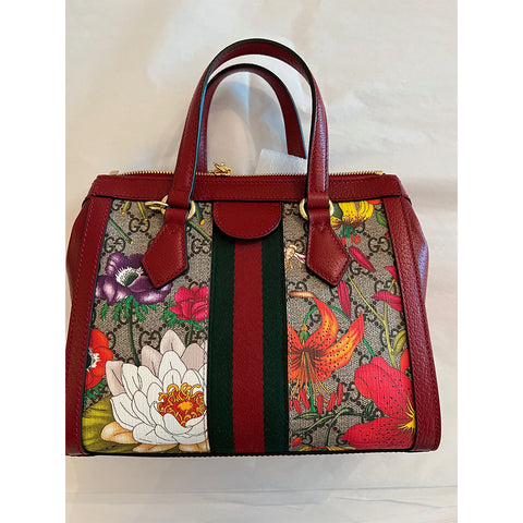 Gucci Ophidia Red Floral Small Tote Leather Canvas Flower Handbag Bag Italy NEW