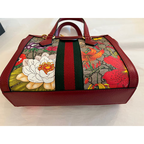 Gucci Ophidia Red Floral Small Tote Leather Canvas Flower Handbag Bag Italy NEW