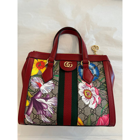Gucci Ophidia Red Floral Small Tote Leather Canvas Flower Handbag Bag Italy NEW