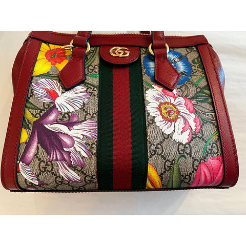 Gucci Ophidia Red Floral Small Tote Leather Canvas Flower Handbag Bag Italy NEW