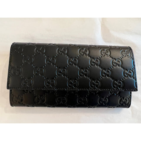 Gucci Signature Guccissima Black Clutch Fold over GG Wallet Bag Purse Italy New