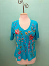 Johnny Was Maureen Trapunto 3/4 Tee Shirt Floral Embroidered Top Scuba Blue NEW