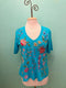 Johnny Was Maureen Trapunto 3/4 Tee Shirt Floral Embroidered Top Scuba Blue NEW