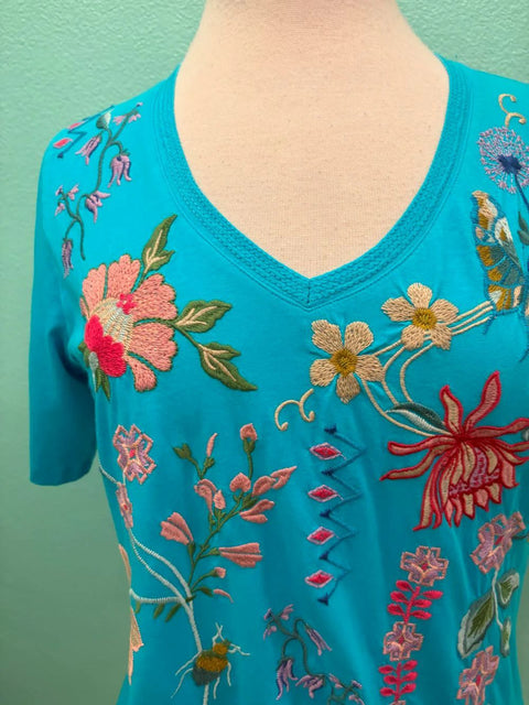 Johnny Was Maureen Trapunto 3/4 Tee Shirt Floral Embroidered Top Scuba Blue NEW
