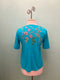 Johnny Was Maureen Trapunto 3/4 Tee Shirt Floral Embroidered Top Scuba Blue NEW