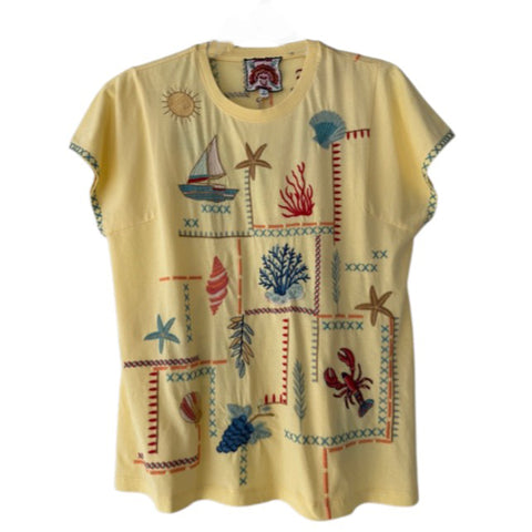 Johnny Was Amalfi Boxy Square Tee Shirt Cotton Embroidery Swing Sunshine Yellow Top NEW