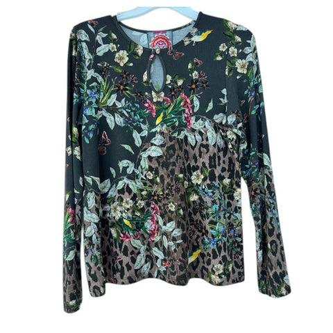 Johnny Was Janie Favorite Ash Bird Keyhole Top Long Floral Animal Black Brown Tee Shirt NEW