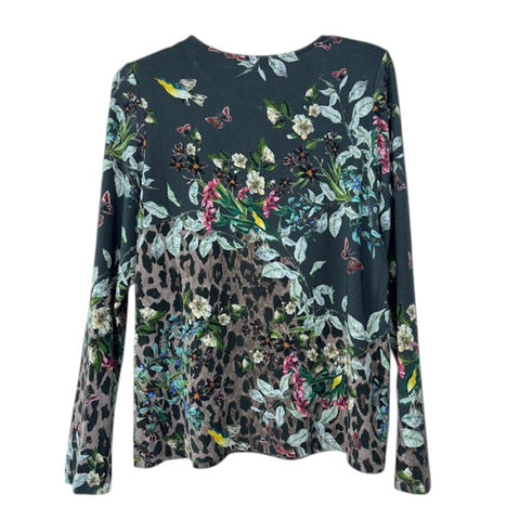 Johnny Was Janie Favorite Ash Bird Keyhole Top Long Floral Animal Black Brown Tee Shirt NEW