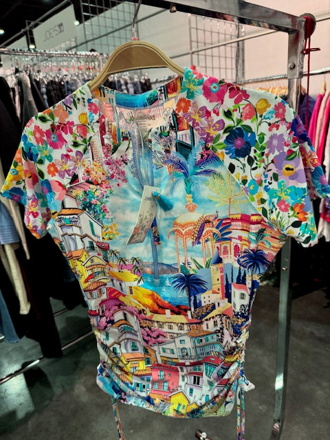 Johnny Was Cannes Drawstring Surf Shirt Short Swim Rash Guard White Blue Top NEW