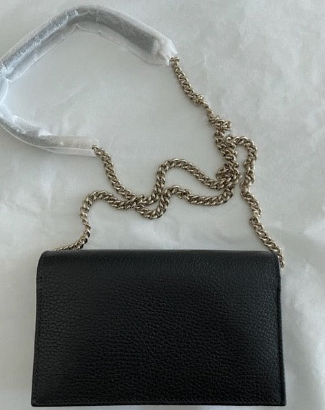Gucci GG Black Crossbody Handbag Calf Leather Gold Chain Purse Bag Italy NEW